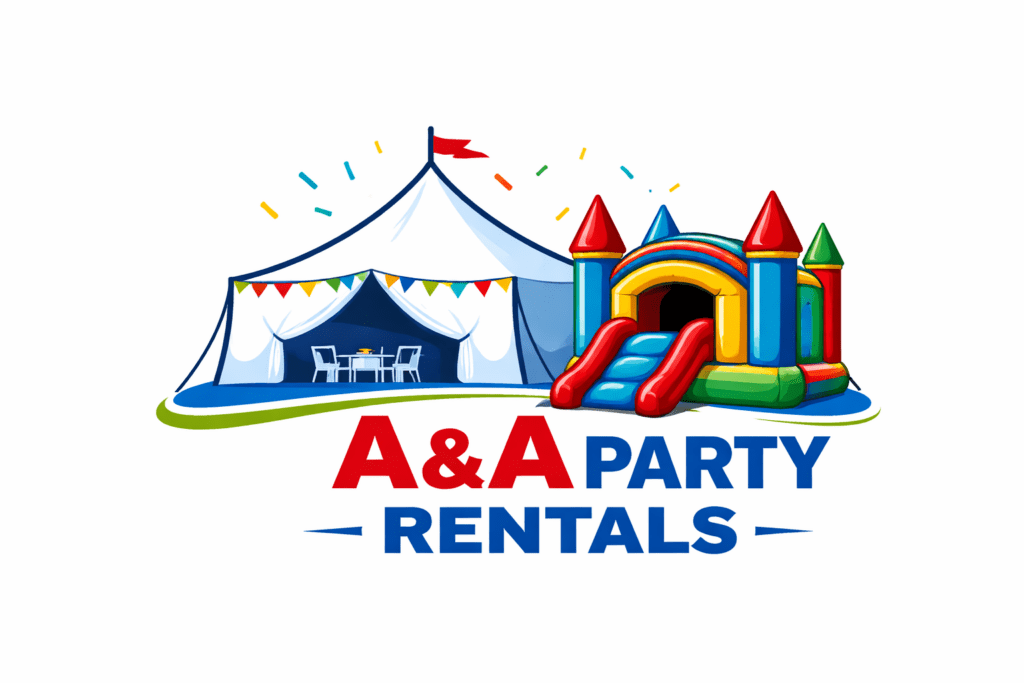 A+A Party Rentals Logo which contains a tent and a bounce house